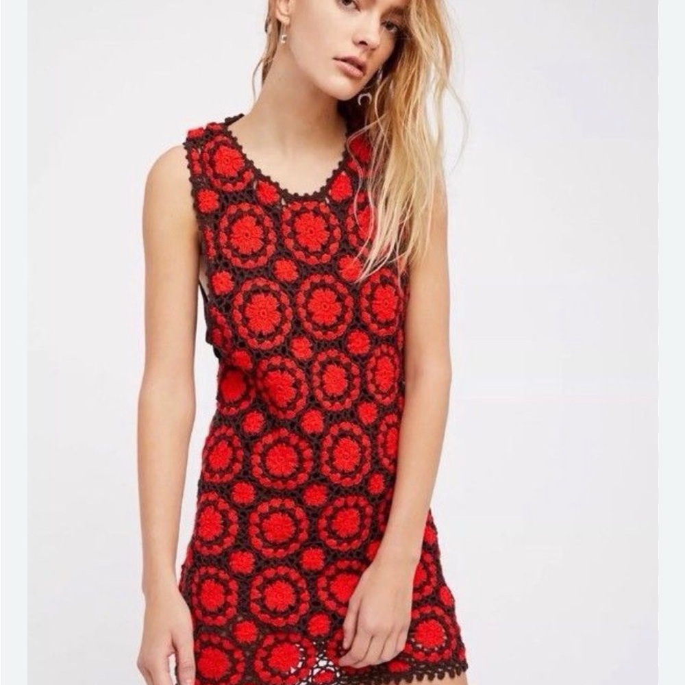 Free People Red and Brown Crochet Mini Dress XS